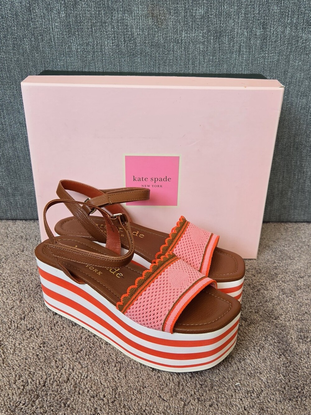 Kate Spade Highrise Spade Wedge Platform Sandals Pink Brown Knit 7.5 NIB